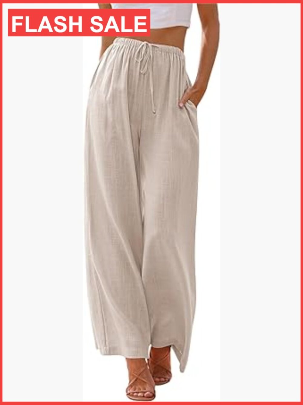 Linen High Waisted Wide Leg Palazzo Pants Drawstring Pockets Summer